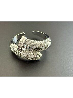 Nail Ring Silver Tone Cubic Zirconia Pavé Adjustable Stainless Steel Rhodium Pla